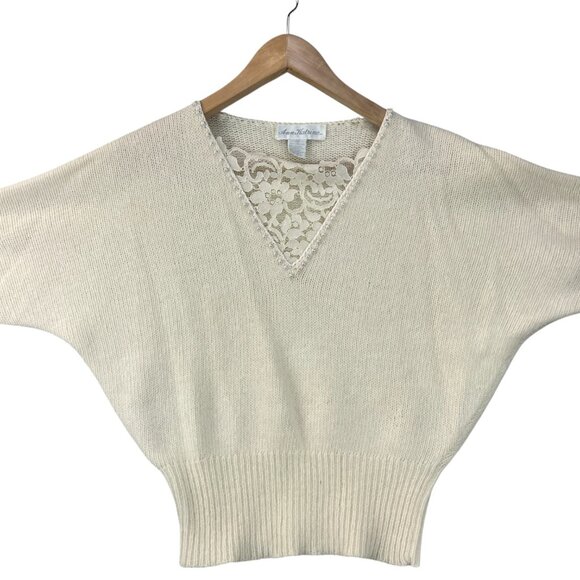 Vtg 80s Ann Katrine Womens Sweater Lambs Wool Angora Dolman Pearl Lace V-Neck Md - Picture 3 of 13